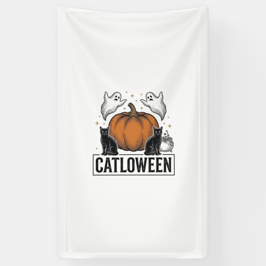 Catloween Zwarte Kat Geest Halloween Vector Ontwer Spandoek (Verticaal)