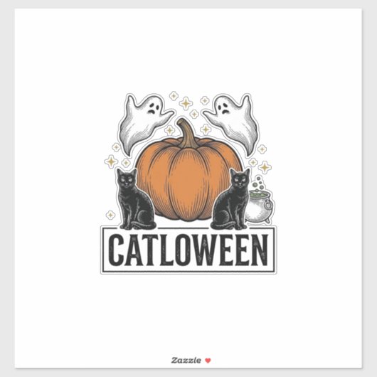 Catloween Zwarte Kat Geest Halloween Vector Ontwer Sticker (Vel)