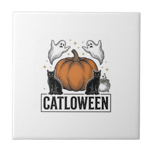 Catloween Zwarte Kat Geest Halloween Vector Ontwer Tegeltje