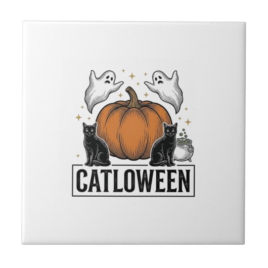 Catloween Zwarte Kat Geest Halloween Vector Ontwer Tegeltje (Voorkant)