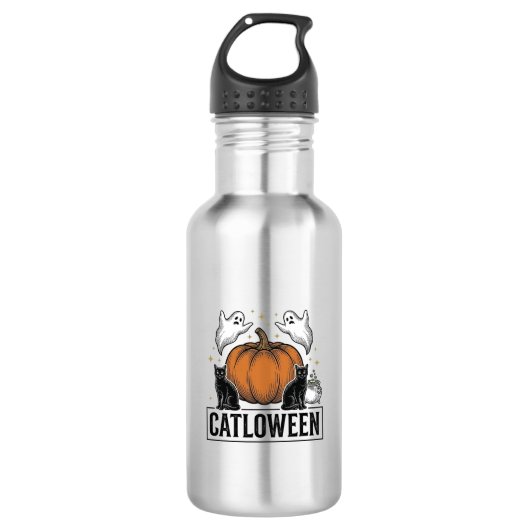 Catloween Zwarte Kat Geest Halloween Vector Ontwer Waterfles (Voorkant)