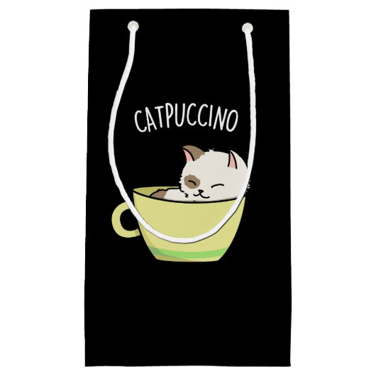 Catpuccino Funny Kitty Cat in Cup Pun Dark BG Klein Cadeauzakje (Voorkant)