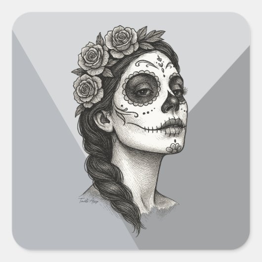 Catrina met Rozen Dag van de Doden Vierkante Sticker (Voorkant)