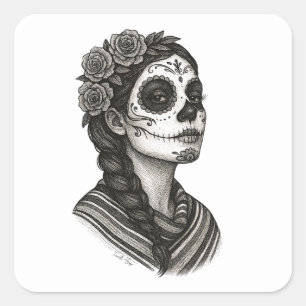 Catrina Mexicana Sarape Y Rosas Dia de Muertos Vierkante Sticker