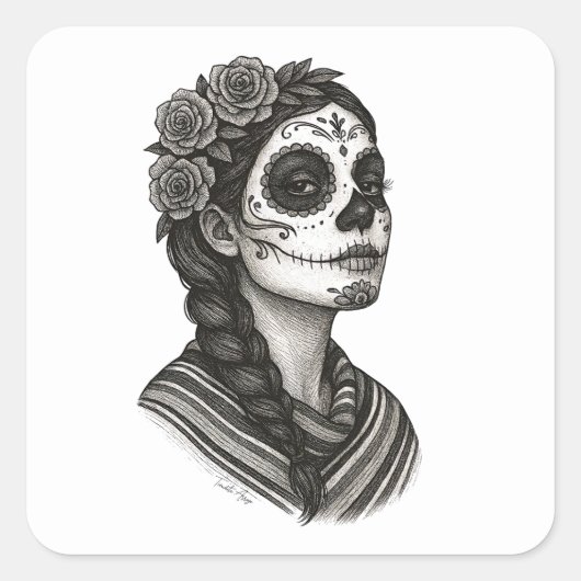 Catrina Mexicana Sarape Y Rosas Dia de Muertos Vierkante Sticker (Voorkant)