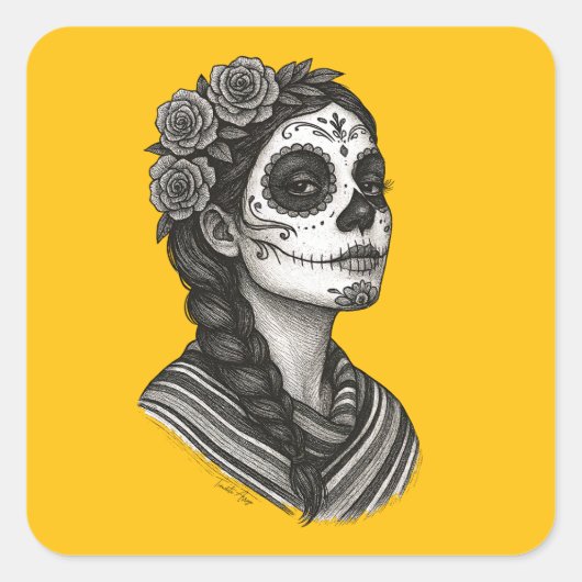 Catrina Mexicana Sarape Y Rosas Dia de Muertos Vierkante Sticker (Voorkant)