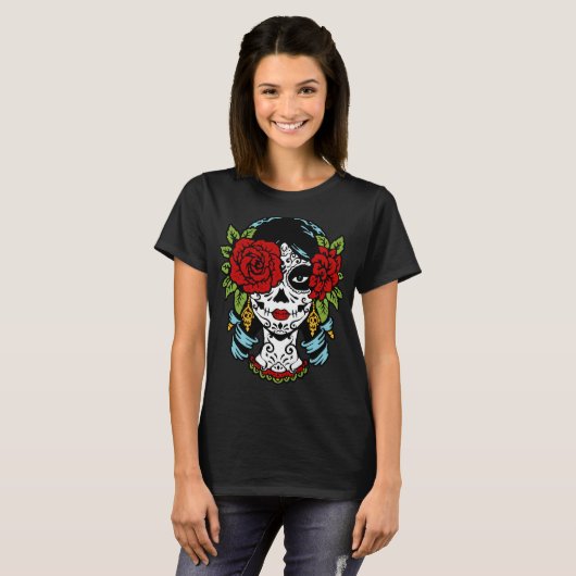 Catrina Roos Suikerschedel Calavera Mexico Skelet T-shirt (Voorkant volledig)