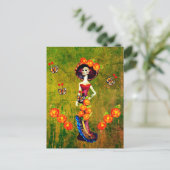 Catrina W/Pet, Oranje bloemen en blauwe goudroffel Briefkaart (Staand voorkant)