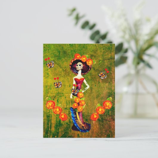 Catrina W/Pet, Oranje bloemen en blauwe goudroffel Briefkaart (Staand voorkant)