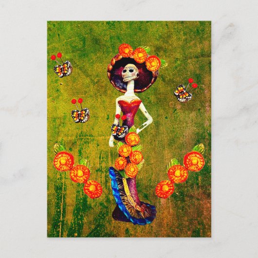 Catrina W/Pet, Oranje bloemen en blauwe goudroffel Briefkaart (Voorkant)