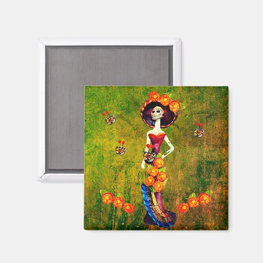 Catrina W/Pet, Oranje bloemen en blauwe goudroffel Magneet (Voorkant / Achterkant)