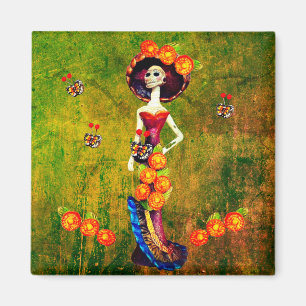 Catrina W/Pet, Oranje bloemen en blauwe goudroffel Magneet