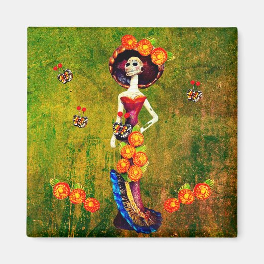 Catrina W/Pet, Oranje bloemen en blauwe goudroffel Magneet (Voorkant)
