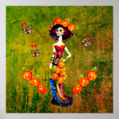 Catrina W/Pet, Oranje bloemen en blauwe goudroffel Poster (Voorkant)