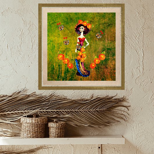 Catrina W/Pet, Oranje bloemen en blauwe goudroffel Poster