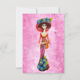 Catrina W/Red Dress & Blue Flowers op roze wasmach Bedankkaart