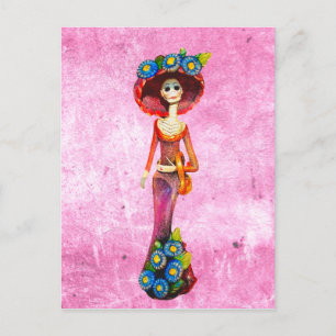 Catrina W/Red Dress & Blue Flowers op roze wasmach Briefkaart