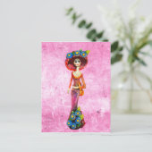 Catrina W/Red Dress & Blue Flowers op roze wasmach Briefkaart (Staand voorkant)
