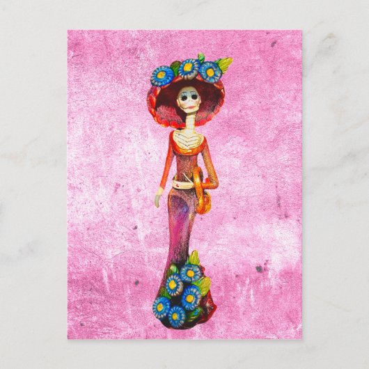 Catrina W/Red Dress & Blue Flowers op roze wasmach Briefkaart (Voorkant)