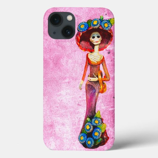 Catrina W/Red Dress & Blue Flowers op roze wasmach Case-Mate iPhone Case (Achterkant)