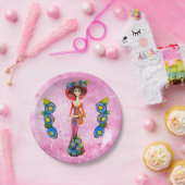 Catrina W/Red Dress & Blue Flowers op roze wasmach Papieren Bordje (Feest)