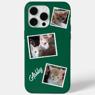 Cats 3 Foto's Collage Huisdieren Naam Groen iPhone 15 Pro Max Hoesje