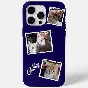 Cats 3 Foto's Collage Huisdieren Naam Navy Blue iPhone 15 Pro Max Hoesje