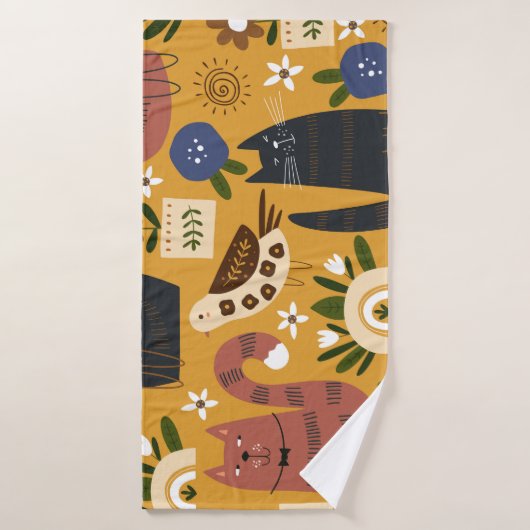 Cats and Birds, met de hand getekend. Badhanddoek (Badhanddoek)