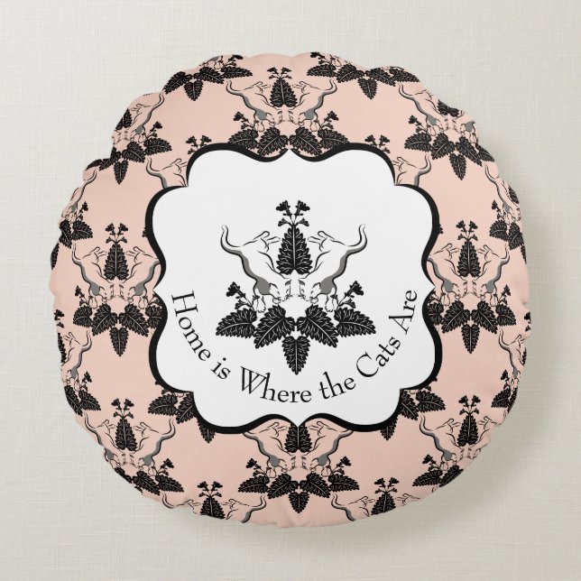 Cats and Catnip Damask Kijk Patroon Rond Kussen (Voorkant)