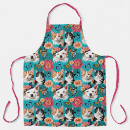 Cats and Dogs Bloemen met Vlinders Blauwgroen Roze Schort