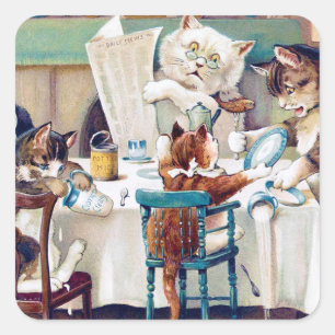 Cat's Breakfast Time, Louis Wain Vierkante Sticker