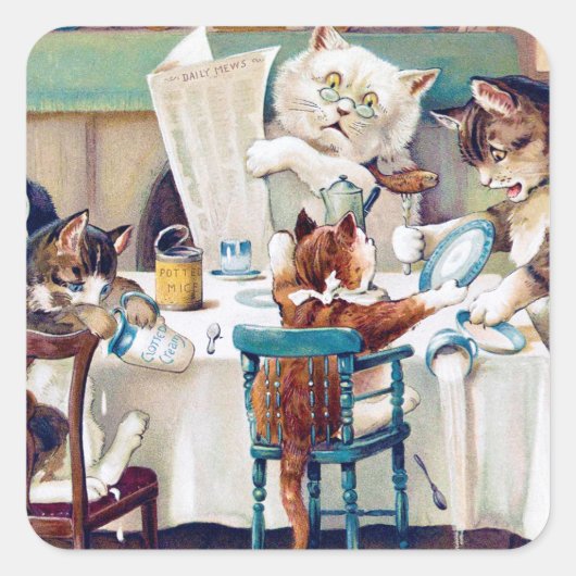 Cat's Breakfast Time, Louis Wain Vierkante Sticker (Voorkant)