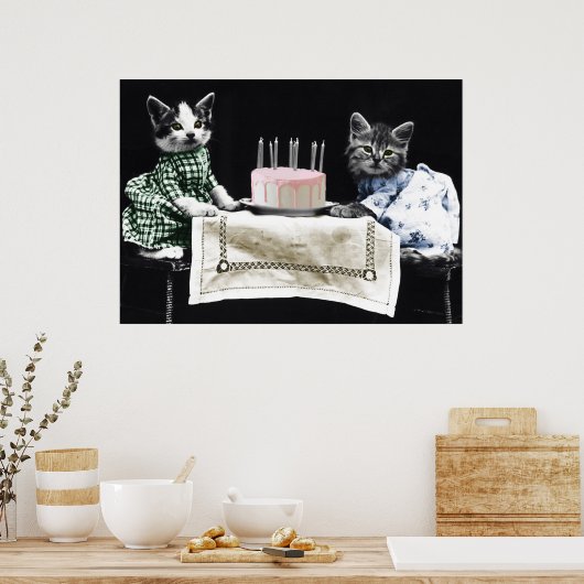 Cats celebrating a birthday with cake and candles poster (Keuken)