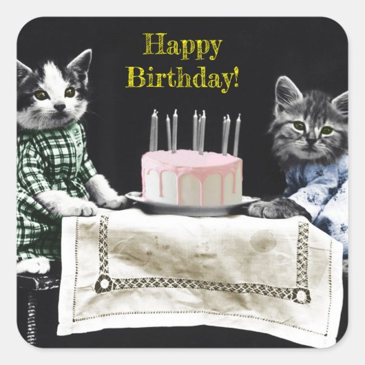 Cats celebrating a birthday with cake and candles vierkante sticker (Voorkant)