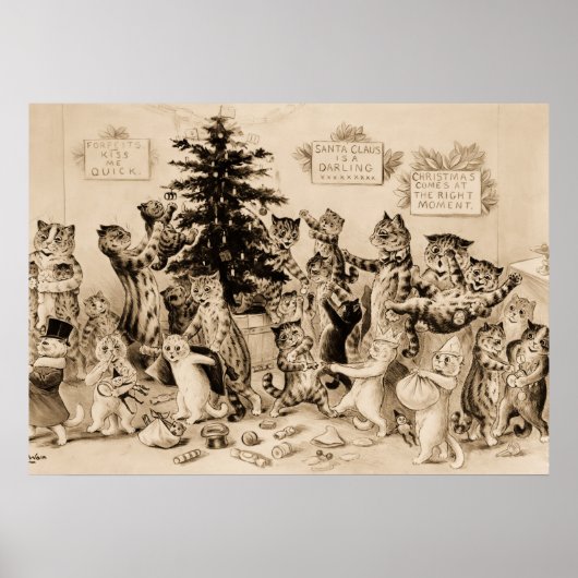 Cats Decorating Christmas Tree by Louis Wain Poster (Voorkant)