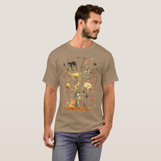 Cats Fall Autumn Climbing Maple Leaf Tree Funny Ca T-shirt (Voorkant volledig)