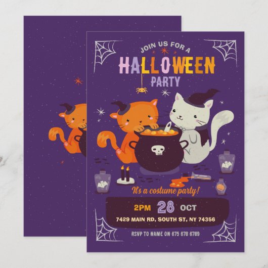 Cats Halloween Party Kinder Leuke Heksen Ketel Kaart (Voorkant / Achterkant)