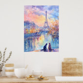 Cats in Paris Twilight – Watercolor Romance Poster (Keuken)