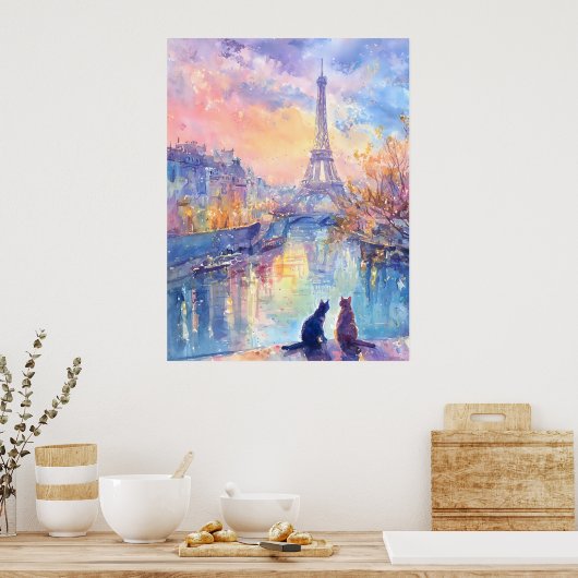Cats in Paris Twilight – Watercolor Romance Poster (Keuken)
