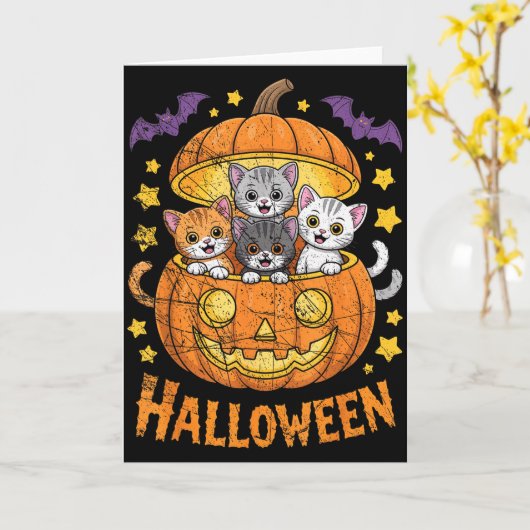 Cats In Pumpkin Cute Halloween Kitties Funny  Kaart (Gele Bloem)