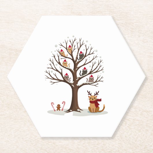 Cats In Snow Tree Winter Christmas Santa Hat X-mas Kartonnen Onderzetters (Voorkant)