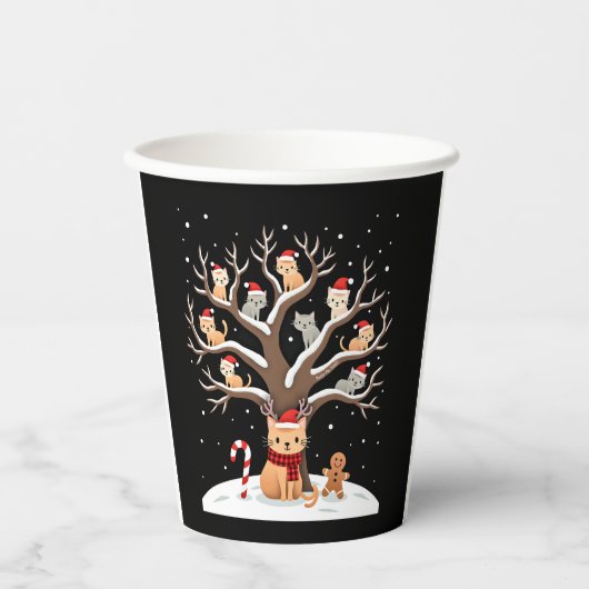 Cats In Snow Tree Winter Christmas Santa Hat X-mas Papieren Bekers (Voorkant)