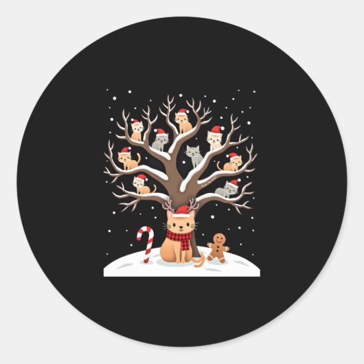 Cats In Snow Tree Winter Christmas Santa Hat X-mas Ronde Sticker (Voorkant)