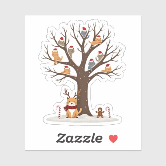 Cats In Snow Tree Winter Christmas Santa Hat X-mas Sticker (Vel)