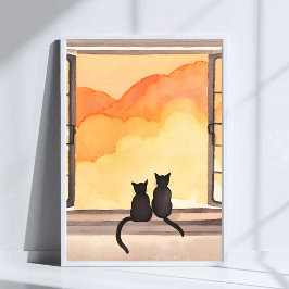 Cats in Window | Sunset Watercolor Silhouette Art Poster