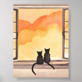 Cats in Window | Sunset Watercolor Silhouette Art Poster (Voorkant)