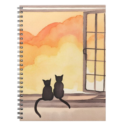 Cats in Window | Sunset Watercolor Silhouette Notitieboek (Voorkant)