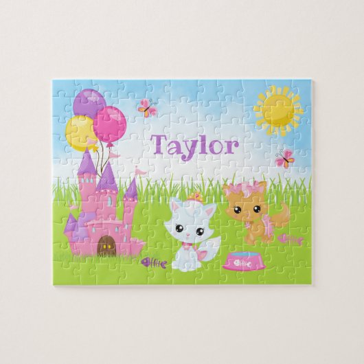 Cats Kittens Castle Pink and Paarse Jigzaag Puzzle Legpuzzel (Horizontaal)