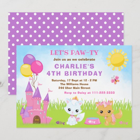 Cats Kittens Castle Pink Birthday Party Invitation Kaart (Voorkant / Achterkant)