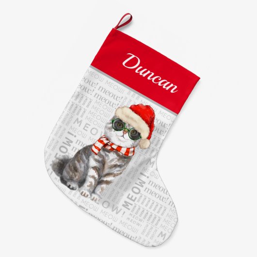 Cat's Name Schotse Vouw Kat Kerstmis Grote Kerstsok (Voorkant (Hangend))